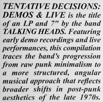 Talking Heads - Tentative Decisions: Demos & Live - Limited LP+7"